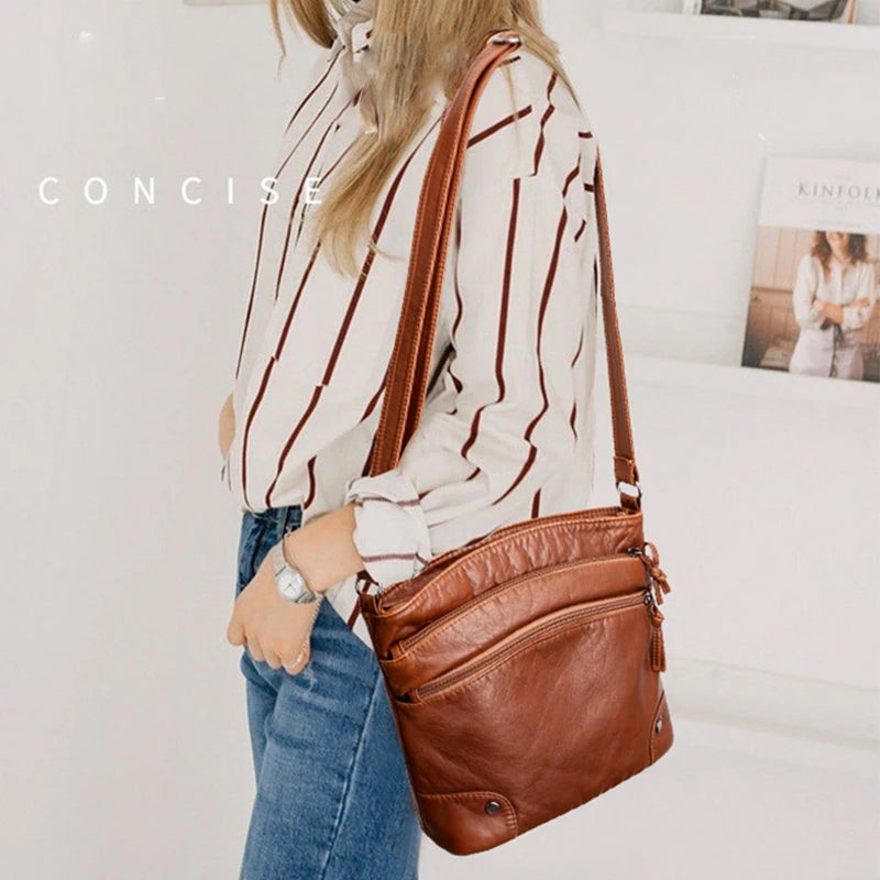 Soft PU Leather Shoulder Crossbody Bag Women Retro Design Messenger Bag Casual Multi-zipper Female Daily Travel Handbag Satchel