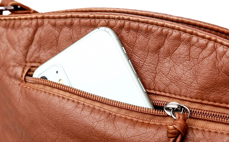 Soft PU Leather Shoulder Crossbody Bag Women Retro Design Messenger Bag Casual Multi-zipper Female Daily Travel Handbag Satchel
