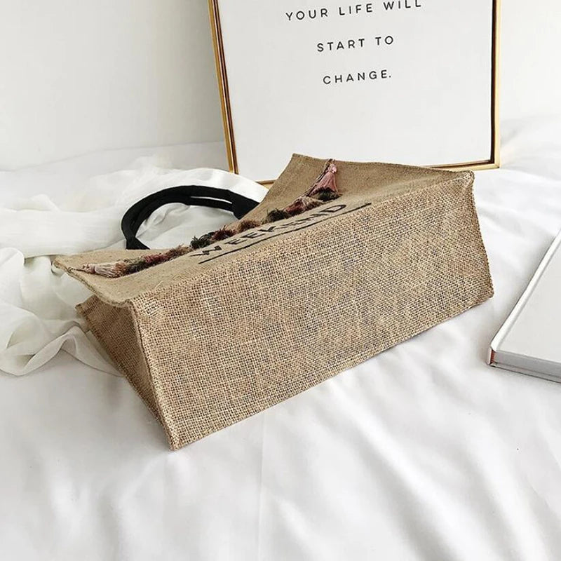 Canvas Handbag Women Large Capacity Tassel Shoulder Bag Simple letter Top-handle Bag Linen Lady Tote Shopping Weekend Bag Bolso