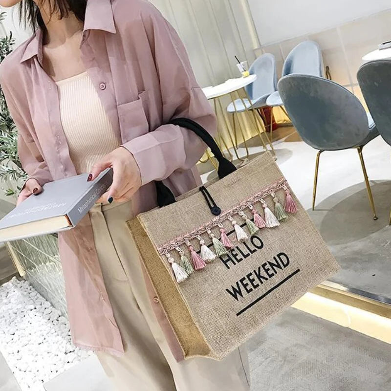 Canvas Handbag Women Large Capacity Tassel Shoulder Bag Simple letter Top-handle Bag Linen Lady Tote Shopping Weekend Bag Bolso
