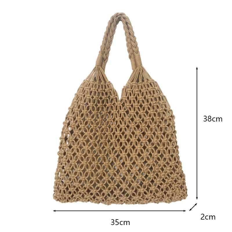 Hand-Woven Bag Women Handmade Hollow Handbag Female Shoulder Bag Big Capacity Summer Casual Travel Beach Tote Purse