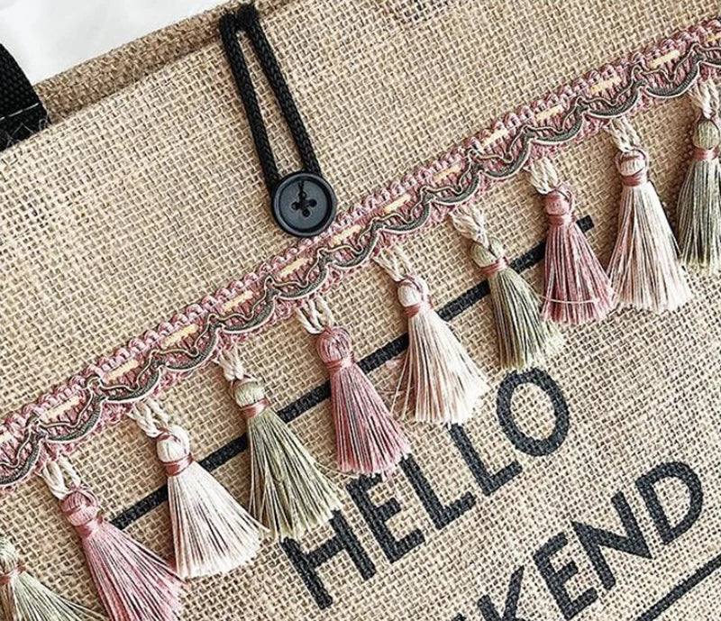 Canvas Handbag Women Large Capacity Tassel Shoulder Bag Simple letter Top-handle Bag Linen Lady Tote Shopping Weekend Bag Bolso