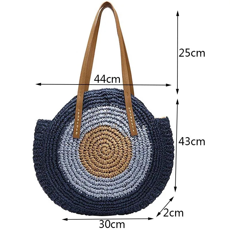 Large Capacity Round Women Fashionable Straw Woven Shoulder Bag Handmade Summer Beach Travel Holiday Women Tote Bags