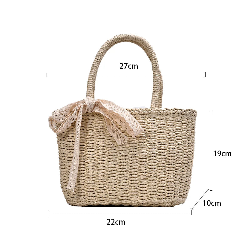 Women Straw Woven Drawstring Handbag Girls Solid Color Holiday Purse Crossbody Beach Bags Summer Rattan Tote