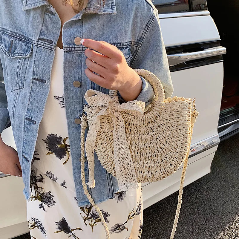 Straw Bag Women Hand-Woven Handbag Moon Shape Lace Bow Rattan Bag Big Capacity Drawstring Casual Beach Shoulder Crossbody Bag