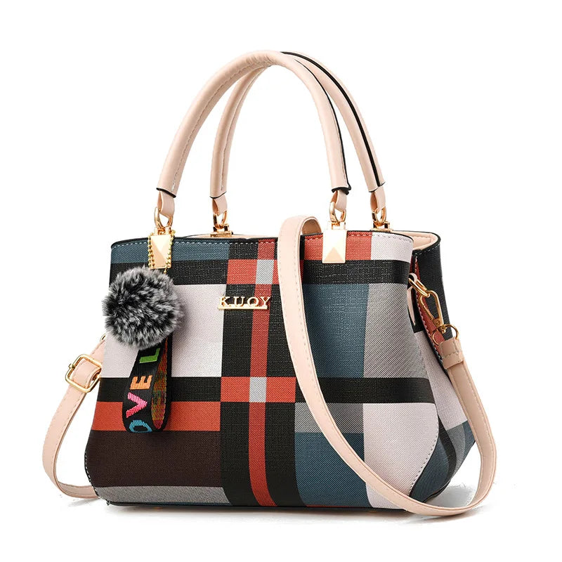 Luxury Plaid Handbag Women Hairball PU Leather Shoulder Bag Large Capacity Crossbody Bag Brand Handle Bag Shopping Lady Tote sac