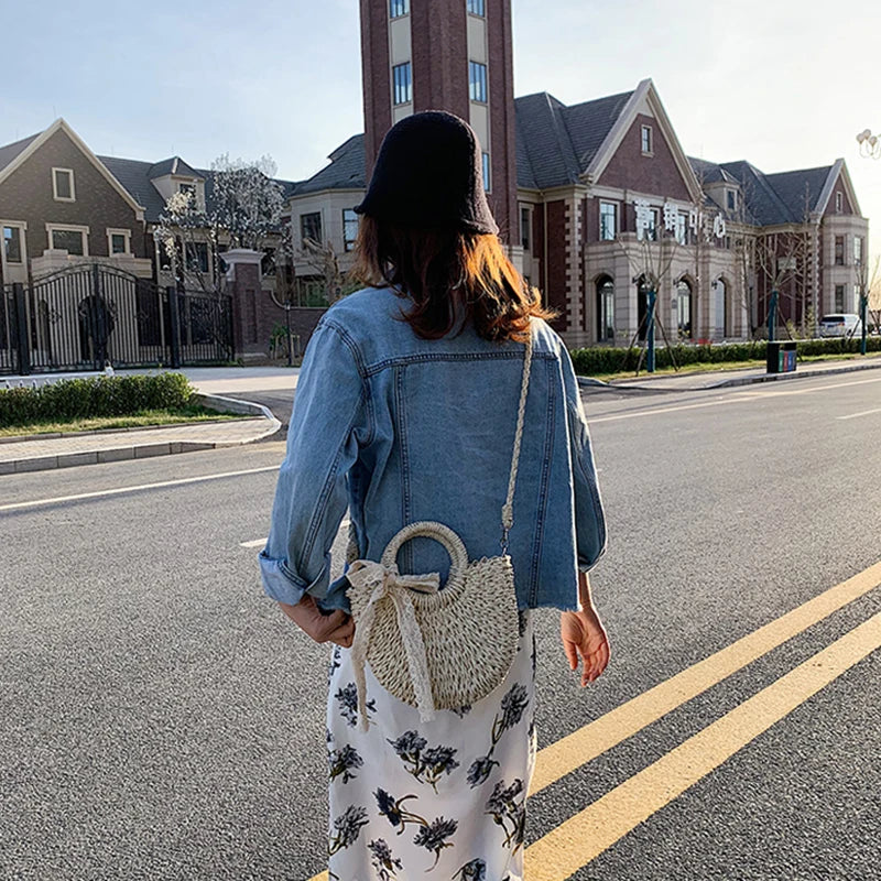 Straw Bag Women Hand-Woven Handbag Moon Shape Lace Bow Rattan Bag Big Capacity Drawstring Casual Beach Shoulder Crossbody Bag