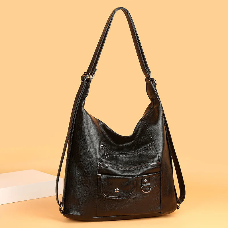 Casual PU Leather Tote Bags for Women Large Capacity Hobo Handbags Retro Patchwork Shoulder Bag Female Crossbody Shopper Bag