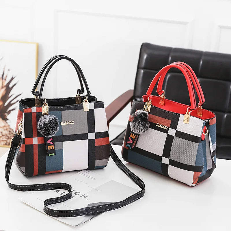 Luxury Plaid Handbag Women Hairball PU Leather Shoulder Bag Large Capacity Crossbody Bag Brand Handle Bag Shopping Lady Tote sac