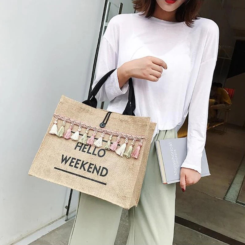 Canvas Handbag Women Large Capacity Tassel Shoulder Bag Simple letter Top-handle Bag Linen Lady Tote Shopping Weekend Bag Bolso