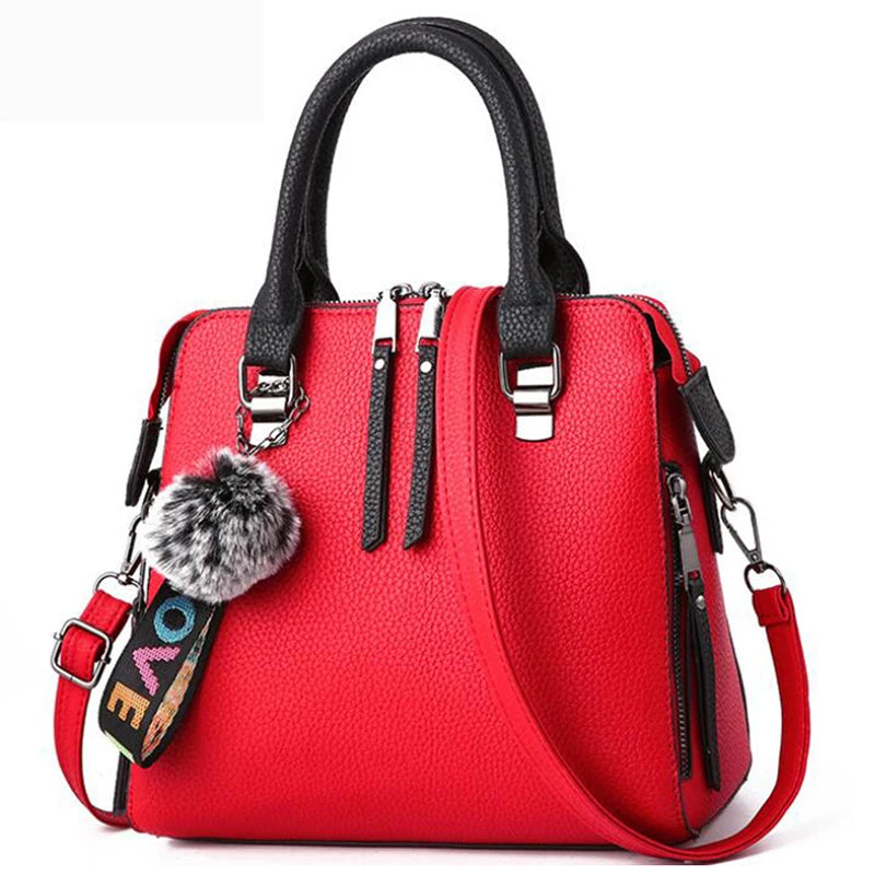 PU Leather Women Messenger Bag Fur Ball Crossbody Flap Bag Female  Shoulder Bag Solid Color Handbags