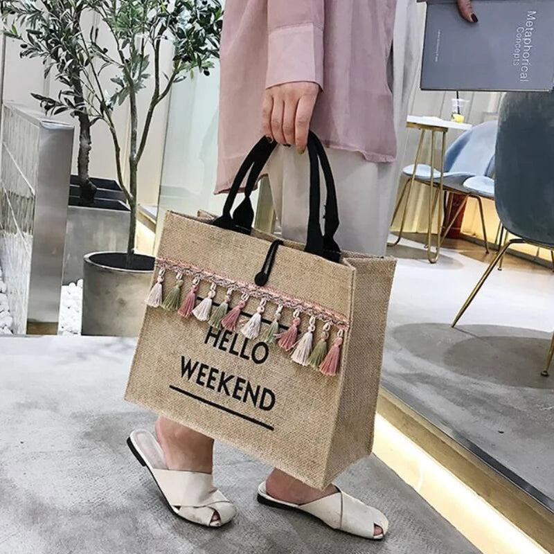 Canvas Handbag Women Large Capacity Tassel Shoulder Bag Simple letter Top-handle Bag Linen Lady Tote Shopping Weekend Bag Bolso