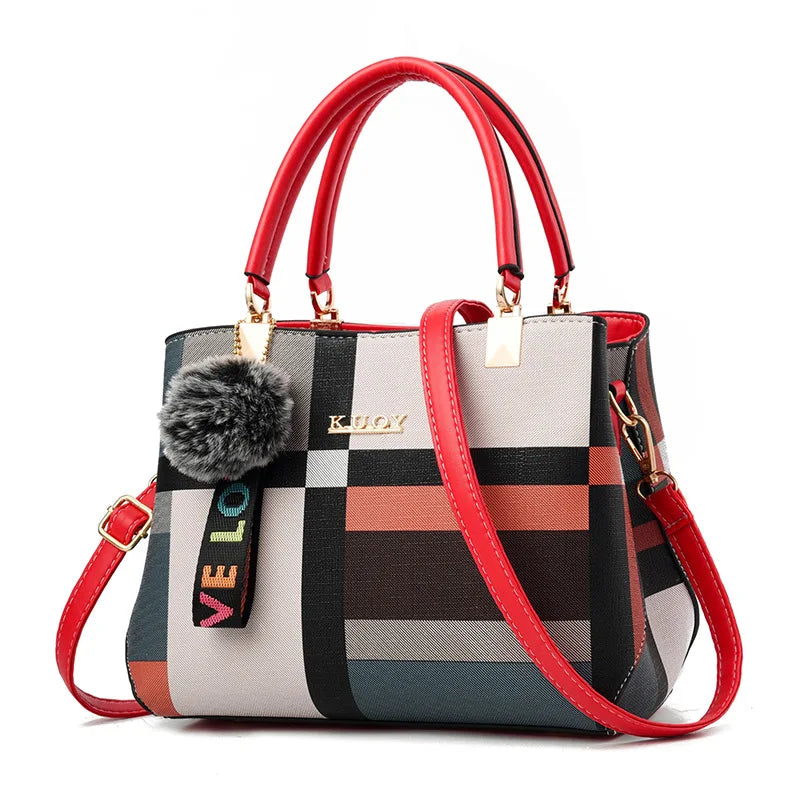 Luxury Plaid Handbag Women Hairball PU Leather Shoulder Bag Large Capacity Crossbody Bag Brand Handle Bag Shopping Lady Tote sac