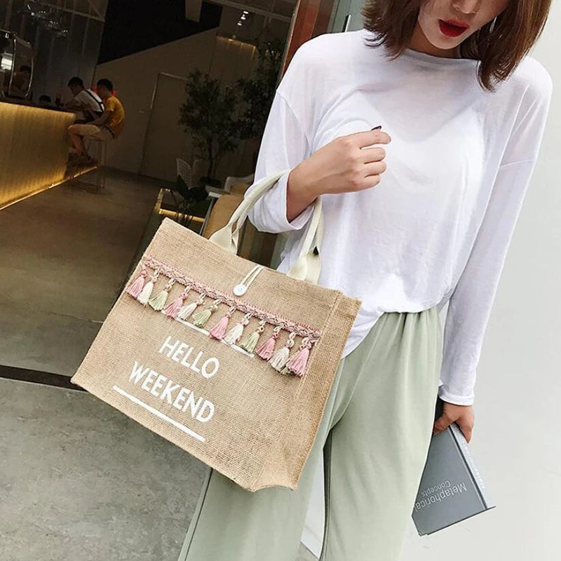 Canvas Handbag Women Large Capacity Tassel Shoulder Bag Simple letter Top-handle Bag Linen Lady Tote Shopping Weekend Bag Bolso