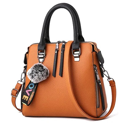 PU Leather Women Messenger Bag Fur Ball Crossbody Flap Bag Female  Shoulder Bag Solid Color Handbags