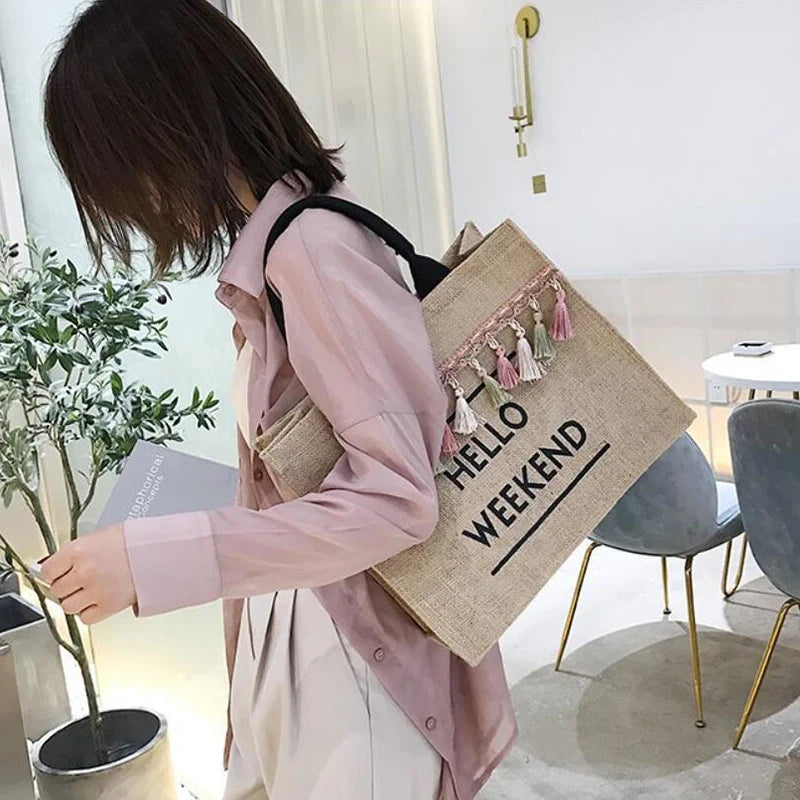 Canvas Handbag Women Large Capacity Tassel Shoulder Bag Simple letter Top-handle Bag Linen Lady Tote Shopping Weekend Bag Bolso