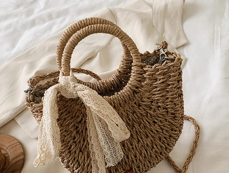Straw Bag Women Hand-Woven Handbag Moon Shape Lace Bow Rattan Bag Big Capacity Drawstring Casual Beach Shoulder Crossbody Bag