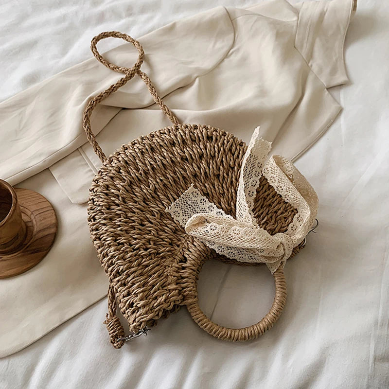 Straw Bag Women Hand-Woven Handbag Moon Shape Lace Bow Rattan Bag Big Capacity Drawstring Casual Beach Shoulder Crossbody Bag