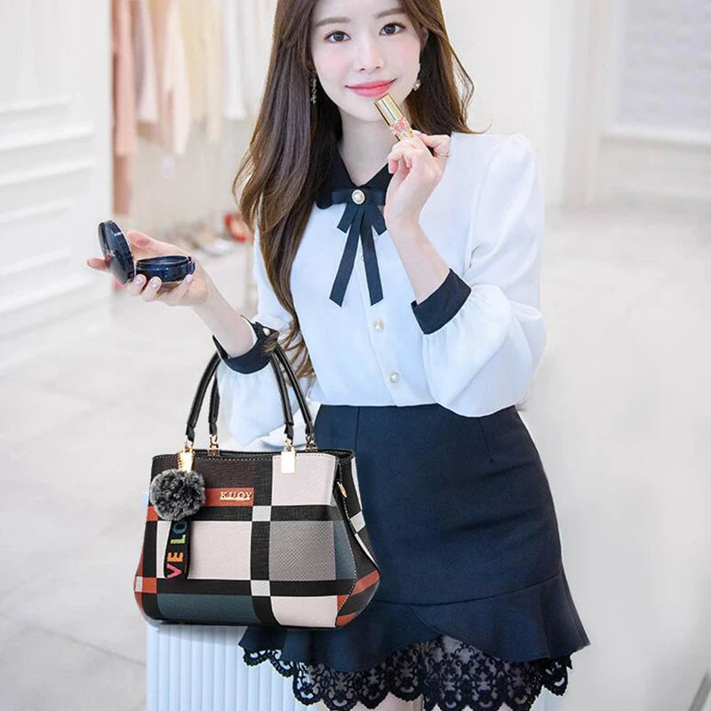Luxury Plaid Handbag Women Hairball PU Leather Shoulder Bag Large Capacity Crossbody Bag Brand Handle Bag Shopping Lady Tote sac
