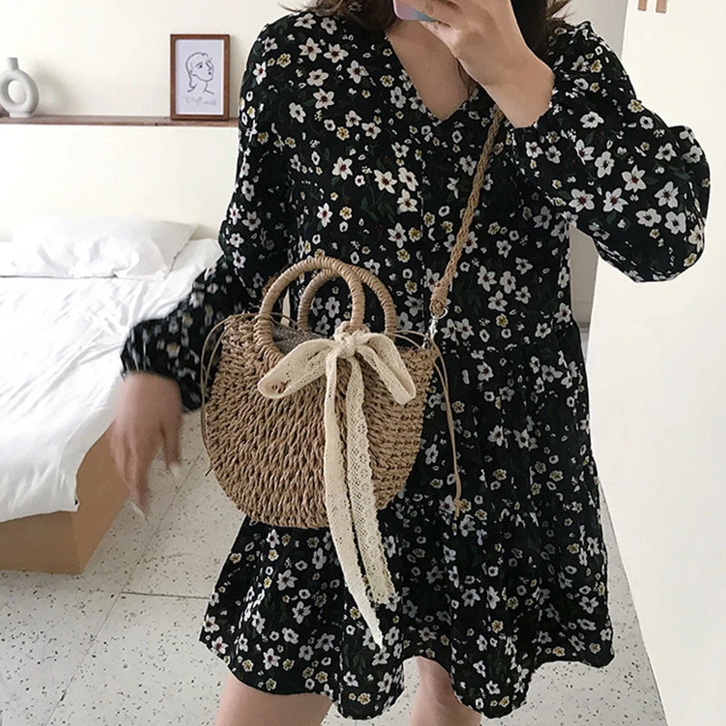 Straw Bag Women Hand-Woven Handbag Moon Shape Lace Bow Rattan Bag Big Capacity Drawstring Casual Beach Shoulder Crossbody Bag