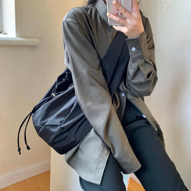 Women Bag New Nylon Bucket Fashion Solid Zipper SOFT Shoulder Bag Purses and Handbags Luxury Designer Black Tote Bag