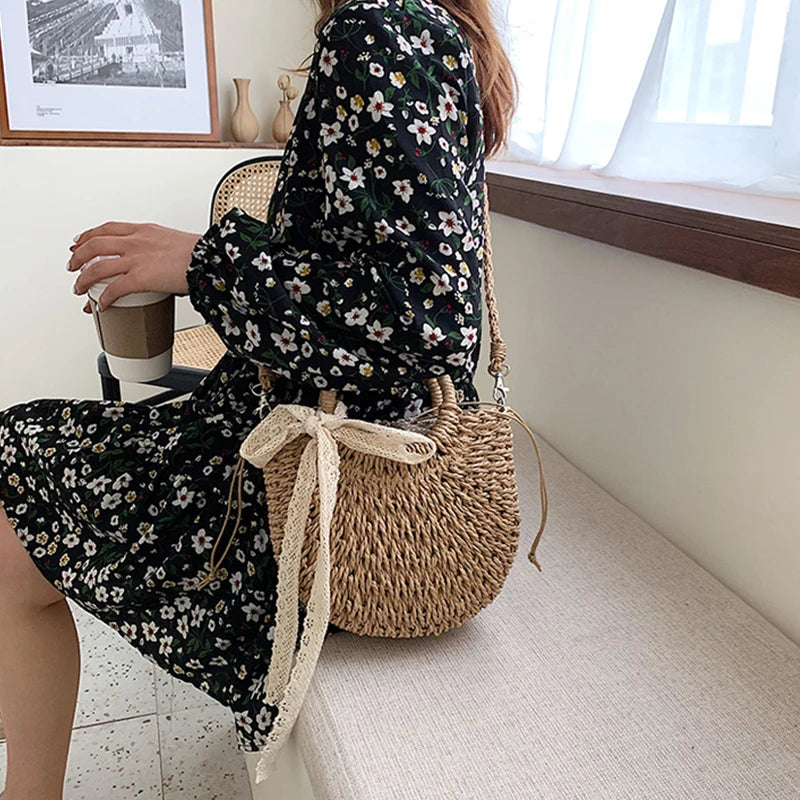 Straw Bag Women Hand-Woven Handbag Moon Shape Lace Bow Rattan Bag Big Capacity Drawstring Casual Beach Shoulder Crossbody Bag