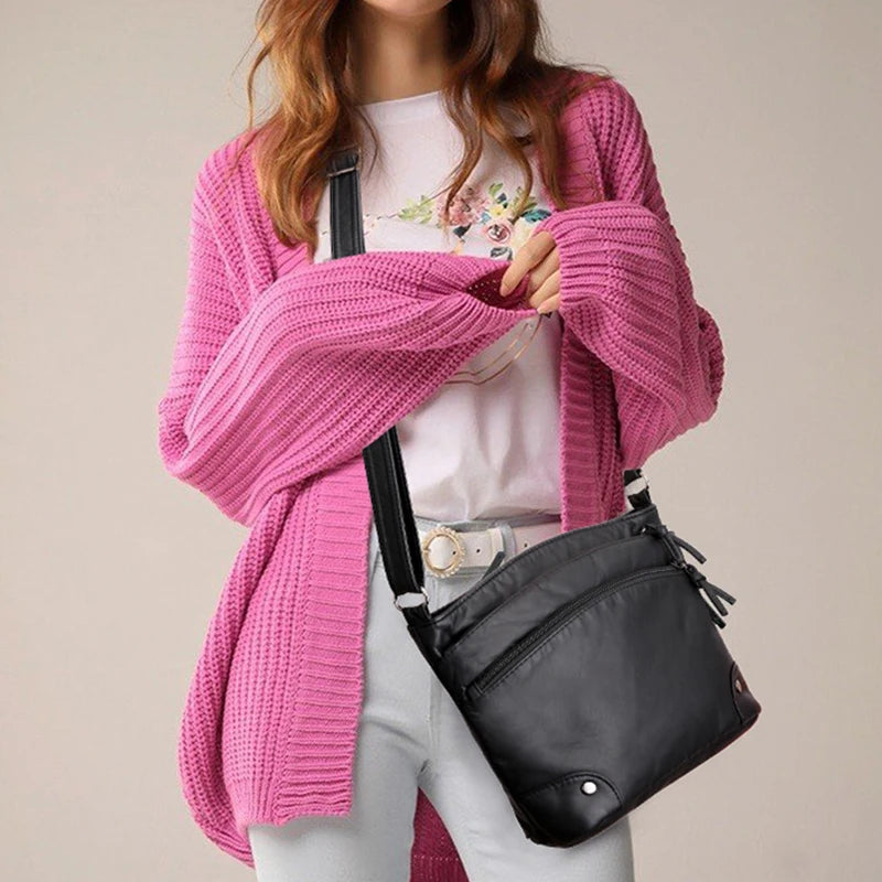 Soft PU Leather Shoulder Crossbody Bag Women Retro Design Messenger Bag Casual Multi-zipper Female Daily Travel Handbag Satchel