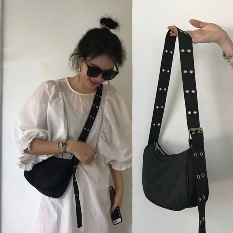 Casual Shoulder Bags For Women Black Waterproof Nylon Crossbody Bag Cool Girls Underarm Handbag Purse