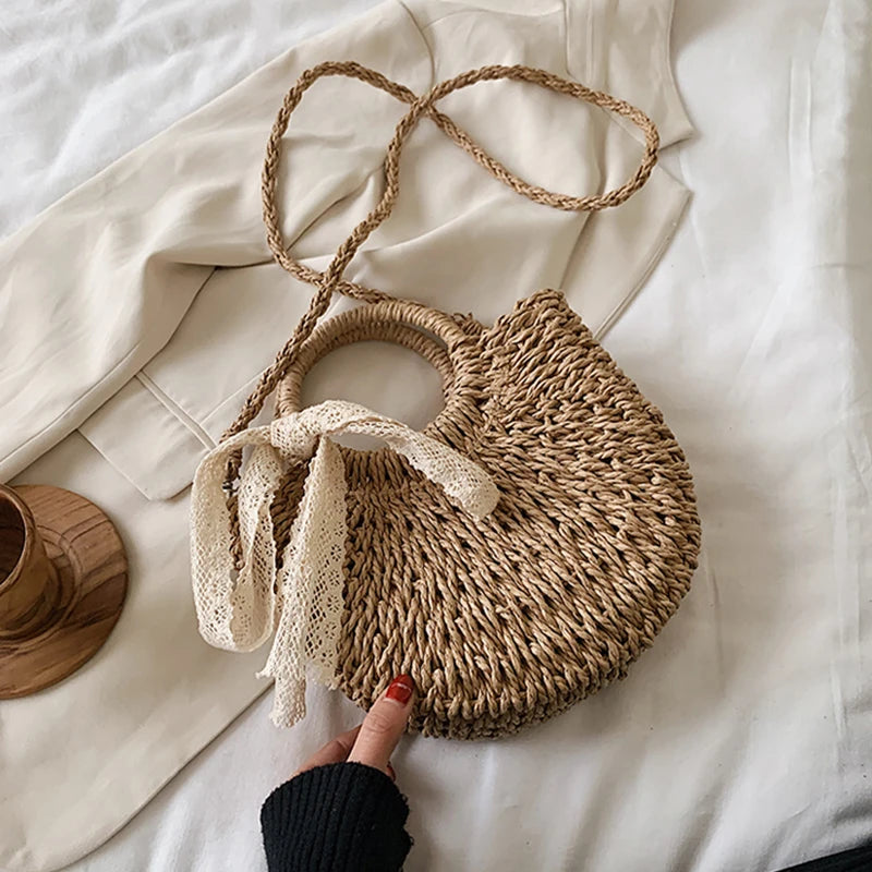 Straw Bag Women Hand-Woven Handbag Moon Shape Lace Bow Rattan Bag Big Capacity Drawstring Casual Beach Shoulder Crossbody Bag