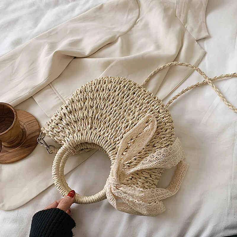 Straw Bag Women Hand-Woven Handbag Moon Shape Lace Bow Rattan Bag Big Capacity Drawstring Casual Beach Shoulder Crossbody Bag
