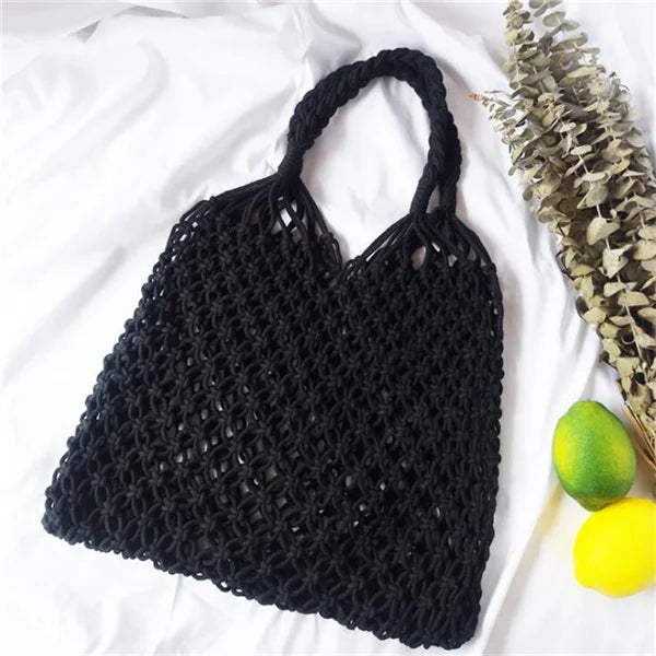 Hand-Woven Bag Women Handmade Hollow Handbag Female Shoulder Bag Big Capacity Summer Casual Travel Beach Tote Purse