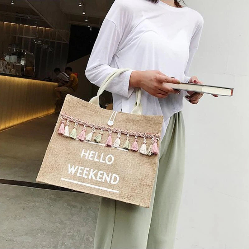 Canvas Handbag Women Large Capacity Tassel Shoulder Bag Simple letter Top-handle Bag Linen Lady Tote Shopping Weekend Bag Bolso