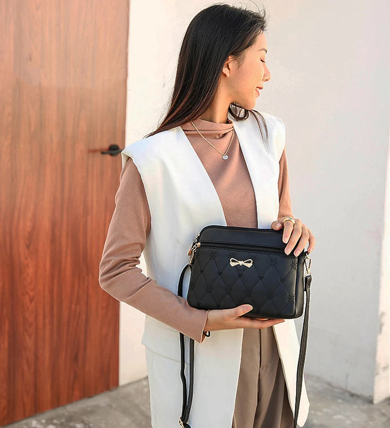 New Arrival Simple Shoulder Bags for Women Embroidery Heart Crossbody Purse Female Leather Black Handbag Small Messenger Bag