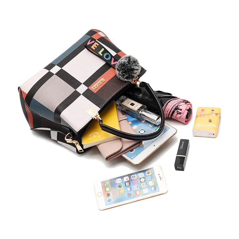 Luxury Plaid Handbag Women Hairball PU Leather Shoulder Bag Large Capacity Crossbody Bag Brand Handle Bag Shopping Lady Tote sac