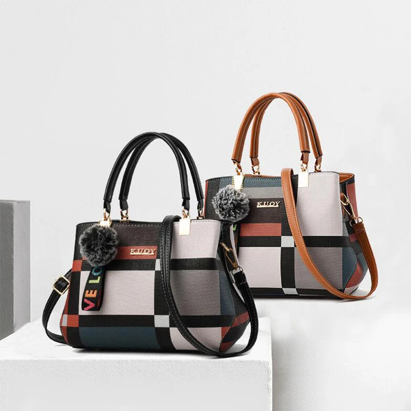 Luxury Plaid Handbag Women Hairball PU Leather Shoulder Bag Large Capacity Crossbody Bag Brand Handle Bag Shopping Lady Tote sac