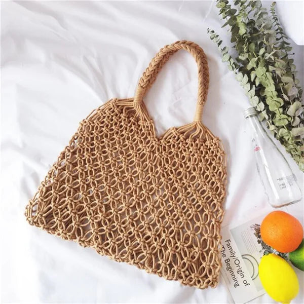 Hand-Woven Bag Women Handmade Hollow Handbag Female Shoulder Bag Big Capacity Summer Casual Travel Beach Tote Purse