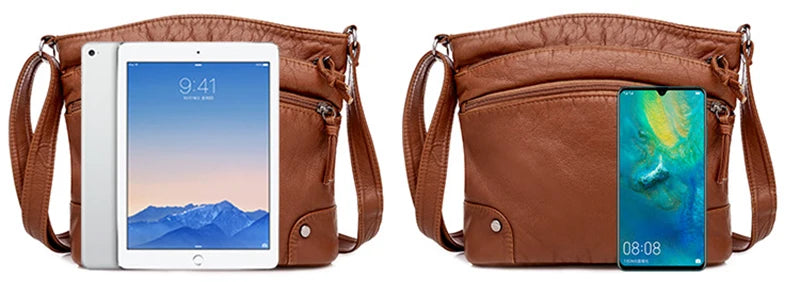 Soft PU Leather Shoulder Crossbody Bag Women Retro Design Messenger Bag Casual Multi-zipper Female Daily Travel Handbag Satchel