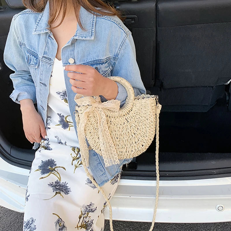 Straw Bag Women Hand-Woven Handbag Moon Shape Lace Bow Rattan Bag Big Capacity Drawstring Casual Beach Shoulder Crossbody Bag