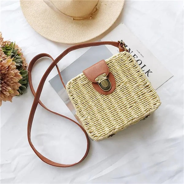 Straw Crossbody Bag For Women Bohemian Small Knitting Summer Purse And Handbag Vacational Square Beach Bags