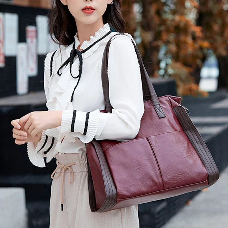 Soft Leather Women's Totes Bags High Capacity Shouldr Bag Luxury Middle-aged Lady Top-handle Bag Casual Armpit Bag Travel Pack