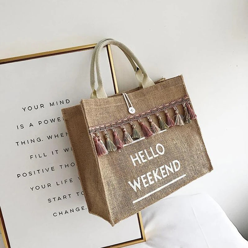 Canvas Handbag Women Large Capacity Tassel Shoulder Bag Simple letter Top-handle Bag Linen Lady Tote Shopping Weekend Bag Bolso