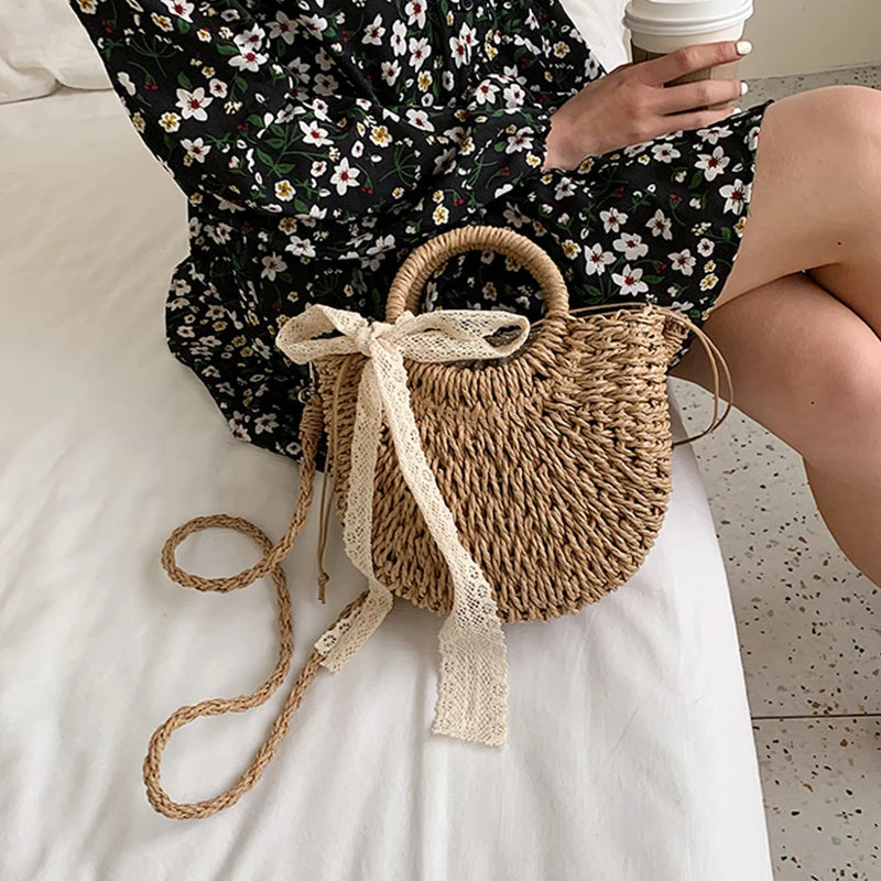 Straw Bag Women Hand-Woven Handbag Moon Shape Lace Bow Rattan Bag Big Capacity Drawstring Casual Beach Shoulder Crossbody Bag