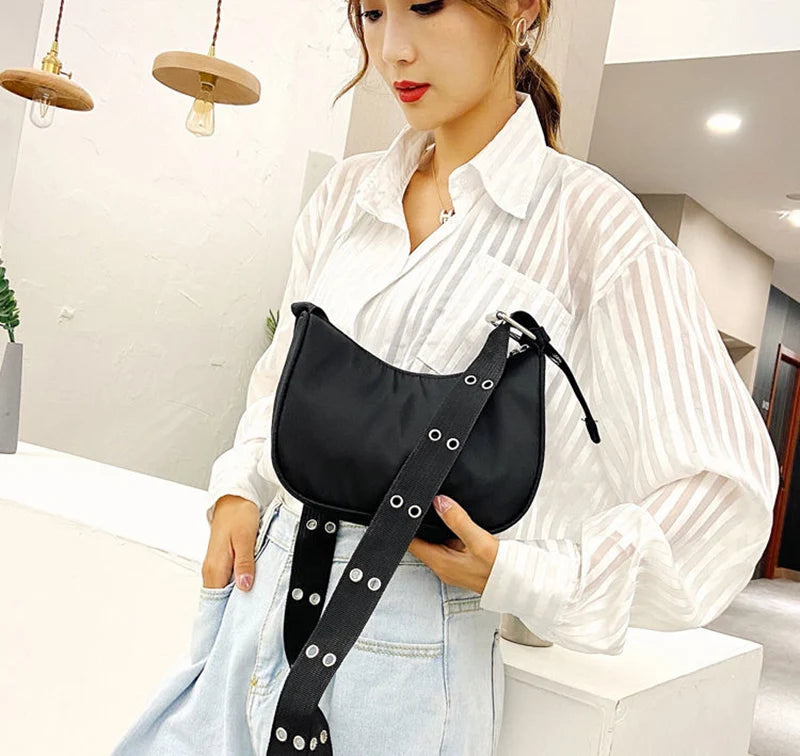 Casual Shoulder Bags For Women Black Waterproof Nylon Crossbody Bag Cool Girls Underarm Handbag Purse