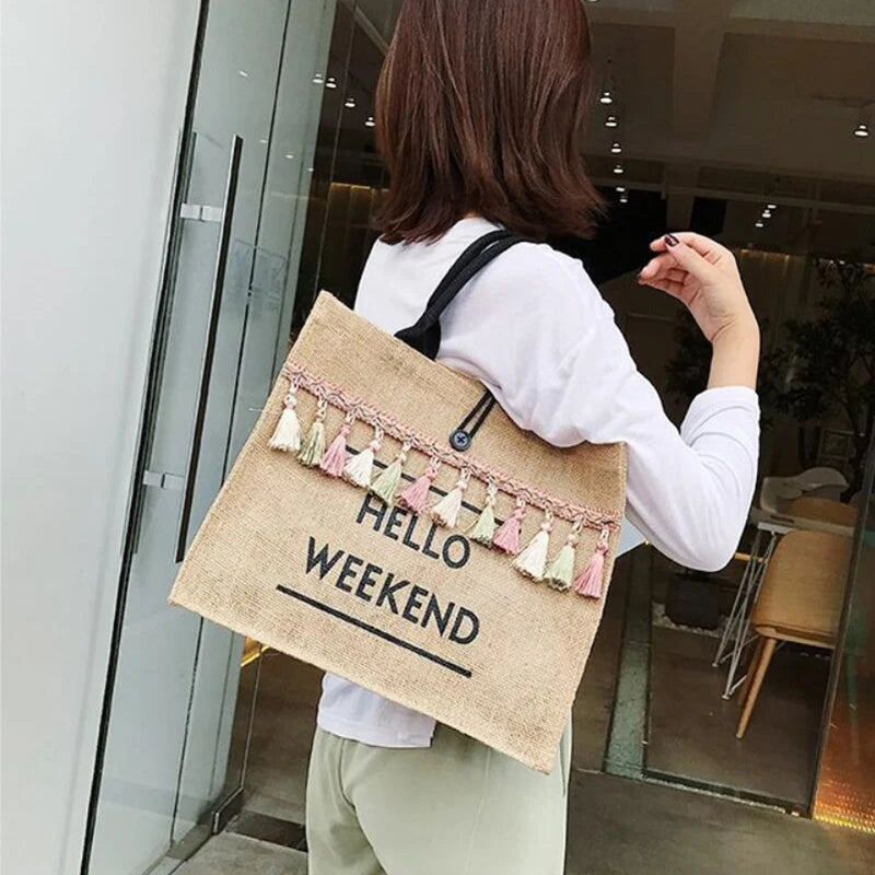 Canvas Handbag Women Large Capacity Tassel Shoulder Bag Simple letter Top-handle Bag Linen Lady Tote Shopping Weekend Bag Bolso
