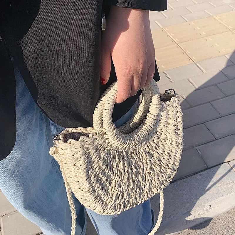 Straw Bag Women Hand-Woven Handbag Moon Shape Lace Bow Rattan Bag Big Capacity Drawstring Casual Beach Shoulder Crossbody Bag