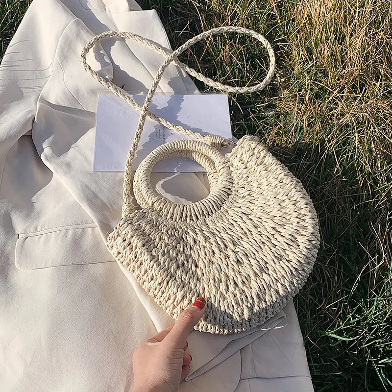 Straw Bag Women Hand-Woven Handbag Moon Shape Lace Bow Rattan Bag Big Capacity Drawstring Casual Beach Shoulder Crossbody Bag