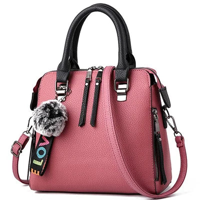 PU Leather Women Messenger Bag Fur Ball Crossbody Flap Bag Female  Shoulder Bag Solid Color Handbags