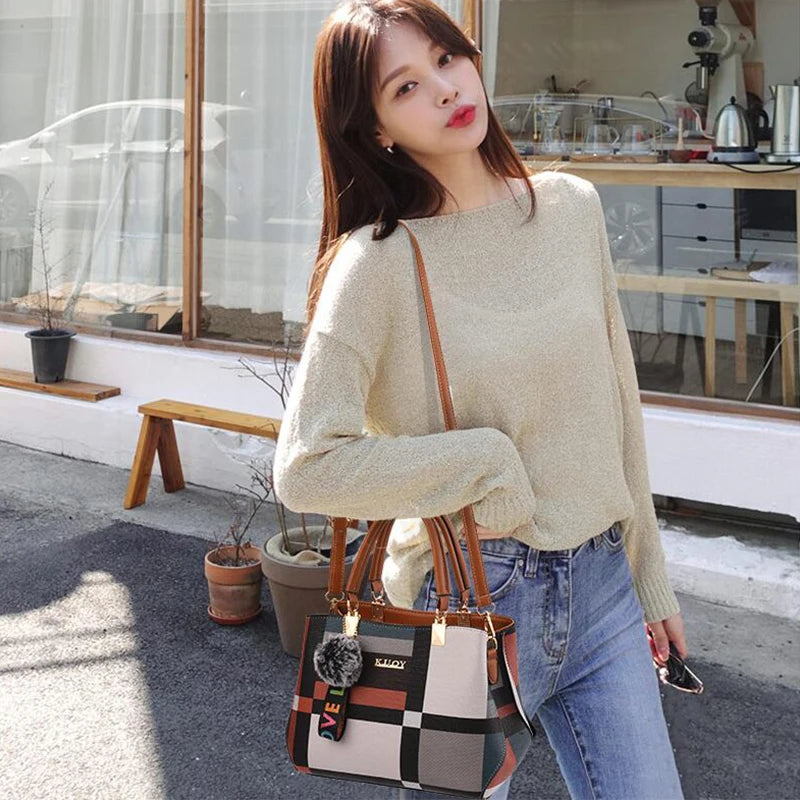 Luxury Plaid Handbag Women Hairball PU Leather Shoulder Bag Large Capacity Crossbody Bag Brand Handle Bag Shopping Lady Tote sac