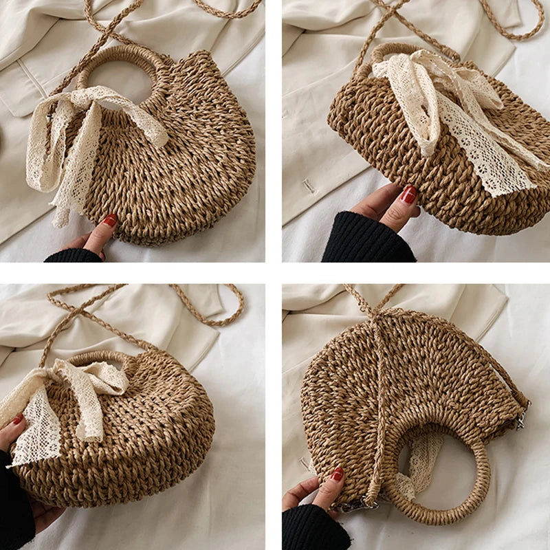 Straw Bag Women Hand-Woven Handbag Moon Shape Lace Bow Rattan Bag Big Capacity Drawstring Casual Beach Shoulder Crossbody Bag