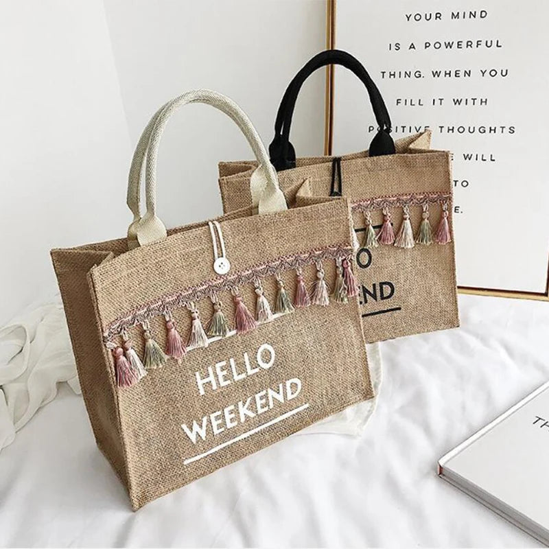 Canvas Handbag Women Large Capacity Tassel Shoulder Bag Simple letter Top-handle Bag Linen Lady Tote Shopping Weekend Bag Bolso